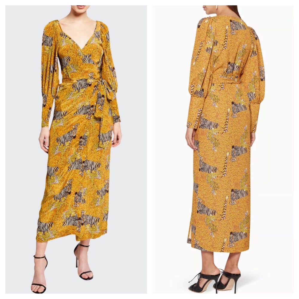 Rhode Aspen Serengeti Yellow Puff Sleeve Animal Print Zebra Wrap MIDI Dress